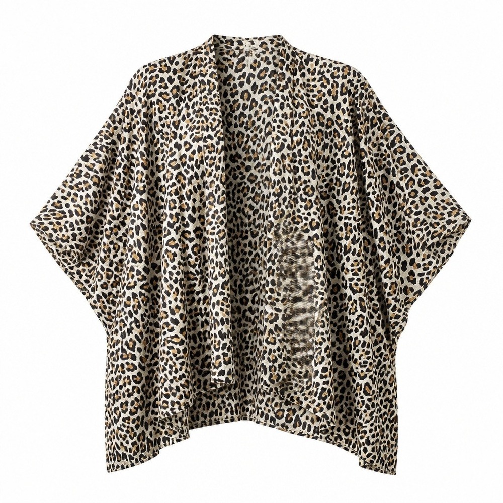 Leopard Print Open Front Kimono Wrap One Size Tan Black Animal Pattern TT211250